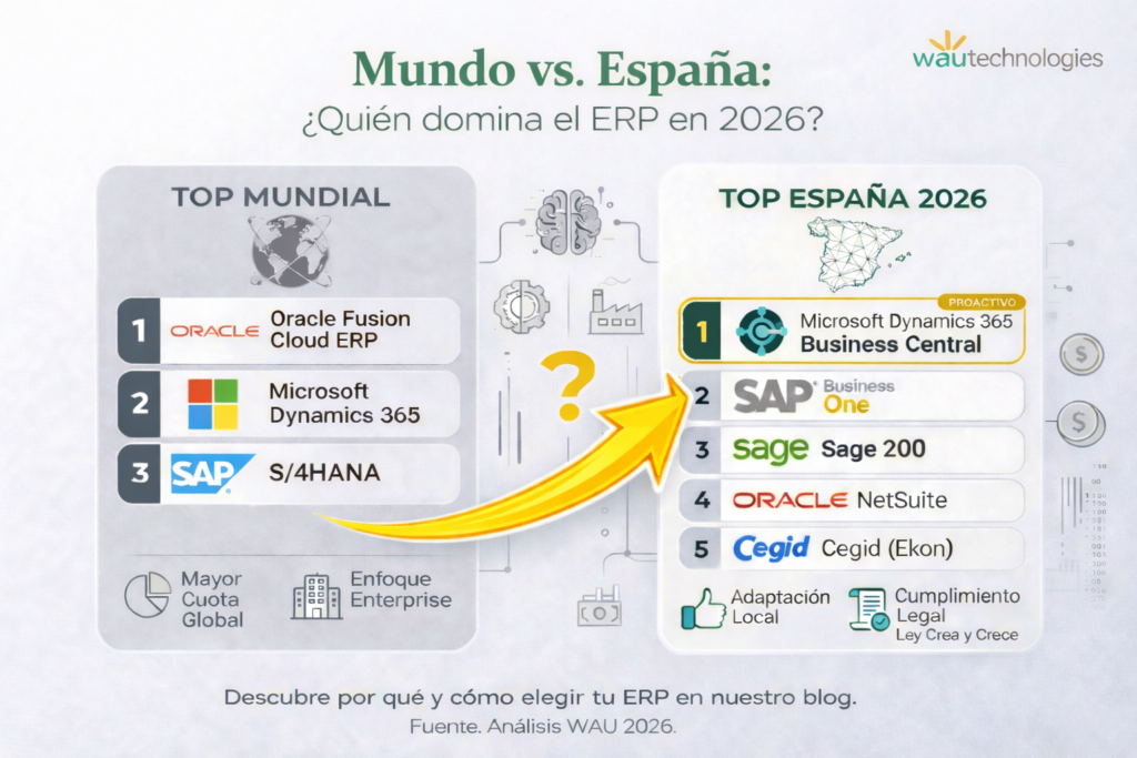 Ranking ERP 2026 en el mundo vs España: comparativa de Oracle, Microsoft Dynamics, SAP y Sage según análisis WAU Technologies