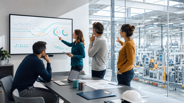 Consultores de WAU Technologies trabajando junto al equipo de una empresa industrial